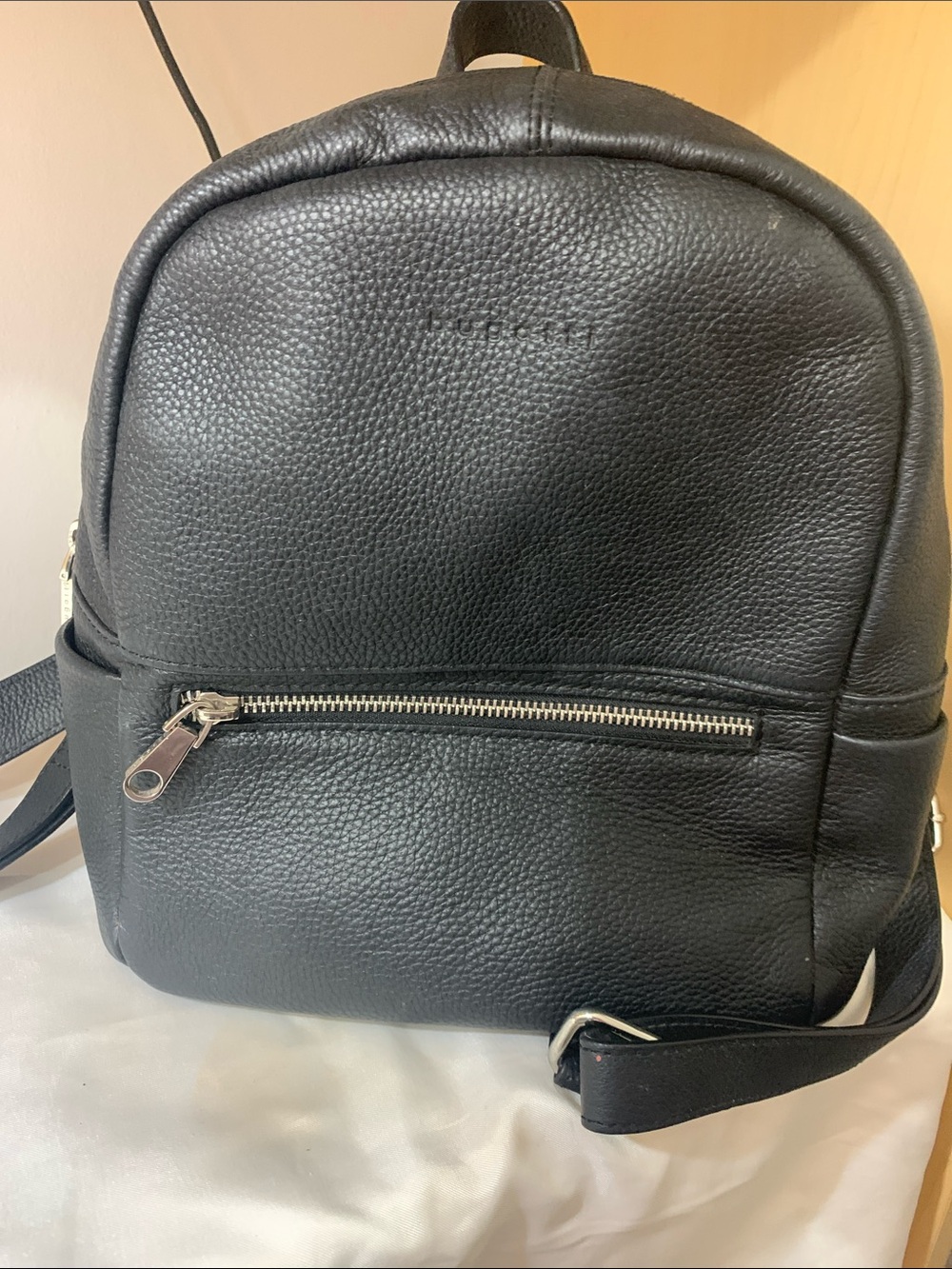 Bugatti Black Pebbled Leather Backpack with Front Zip
